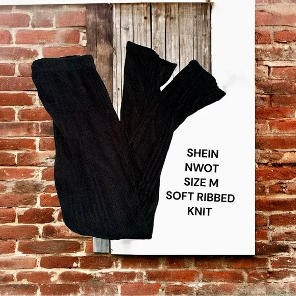 NWOT SHEIN Athletic Pants Black Split Hem Soft Ribbed Knit Leggings Size Medium - Picture 4 of 5